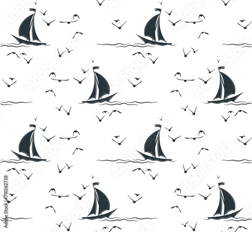 The seamless background with sailboat in the sea and birds.