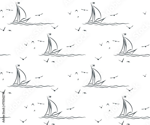 The seamless background with sailboat in the sea and birds.