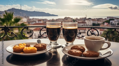 In a cafe overlooking Funchal town, Madeira, Portugal, one can enjoy a traditional Portuguese honey and nut delicacy called bolo de mel along with two glasses of Madeira photo