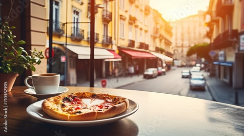 Vacations in Italy. Cup of espresso coffee with pieces of pizza with gorgeous italian street on the backdrop. photo