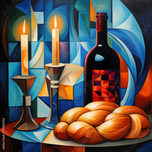 Shabbat evening, two candles, bottle of wine, Traditional Jewish religious Shabbat shalom ritual photo