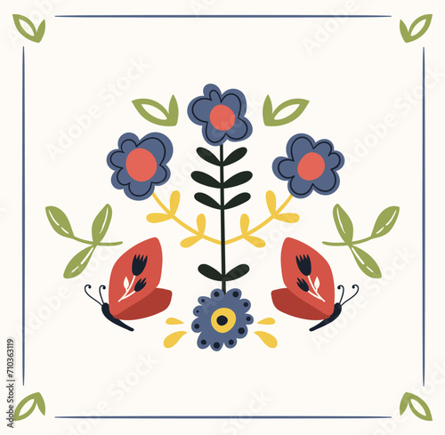 Folk hygge ready to use vector print in Scandinavian style, hygge isolated design on white. Composition with classic ethnic elements. The scandi folk motif - mirror reflected moth and flowers