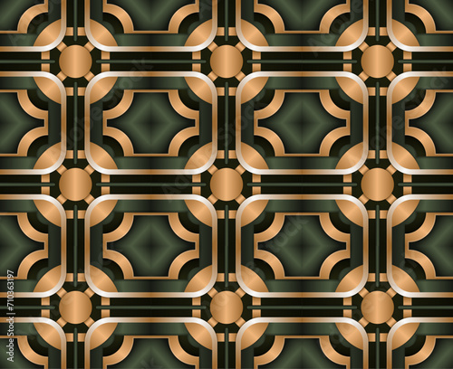 Futuristic 3D geometric pattern composed of circle and square shape with a luxurious black and gold color resembling an intricate mosaic. vector illustration design.