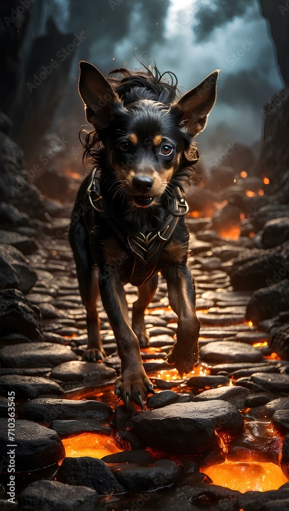 Loki's Fiery Leap A Daring Dog's Adventure Across Stepping Stones Through a Pool of Lava - obrazy, fototapety, plakaty 