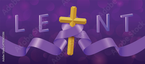 LENT - 3D text and gold cross crucifix with purple ribbon roll and waving around on dark bokeh purple background vector design