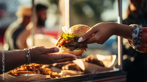 Woman hand grabbing for a burger at food truck. Closeup of food truck salesperson handing burger to female customer. photo