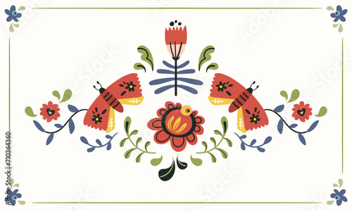 Folk hygge ready to use vector print in Scandinavian style, hygge isolated design on white. Composition with classic ethnic elements. The scandi folk motif - mirror reflected moth and flowers