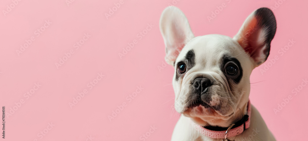 Cute French bulldog puppy on pink background