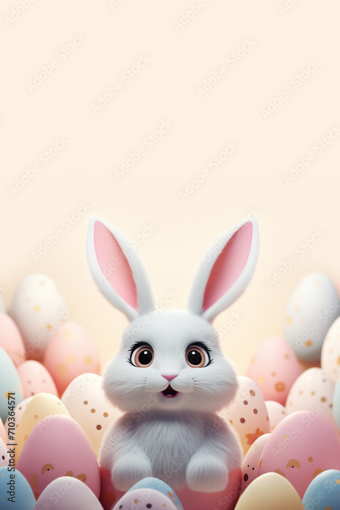 Happy white bunny among dotted Easter eggs on a plain background in peach pastel colors with copy space in cartoon 3D style Happy white bunny among dotted Easter eggs on a plain background in peach pastel colors with copy space in cartoon 3D style