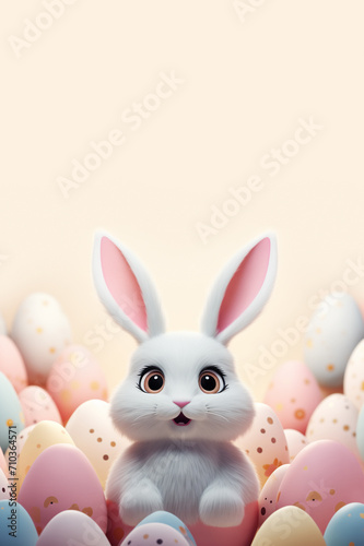 Happy white bunny among dotted Easter eggs on a plain background in peach pastel colors with copy space in cartoon 3D style