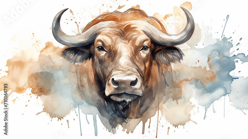 bull, watercolor portrait of a buffalo, spots of liquid paint isolated on a white background photo