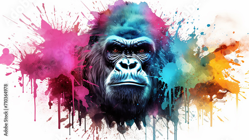 gorilla portrait of a monkey, watercolor illustration on a white background, liquid paint spots, print for design photo