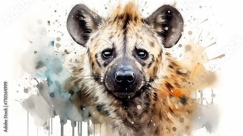 hyena portrait, head on white background, illustration of paint spots watercolor style print photo