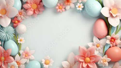 Easter card in the form of a frame for text from flowers and eggs  cartoon 3d style  pink and blue tones