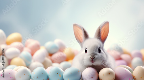 Cute gray bunny among colorful Easter eggs with dots on a blue blurred background © Mary_AMM