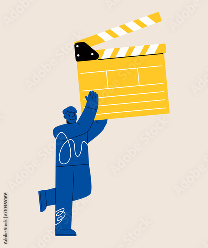 Movie production, male holding a big clapper board. Colorful vector illustration