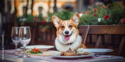 A dog sits at a table in a summer cafe © xartproduction