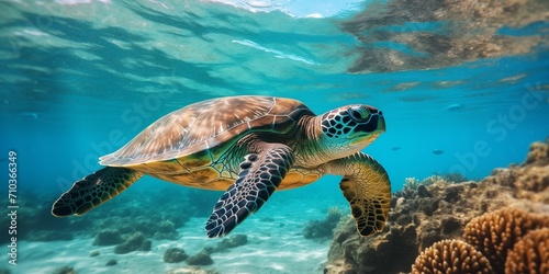 A graceful sea turtle glides effortlessly underwater
