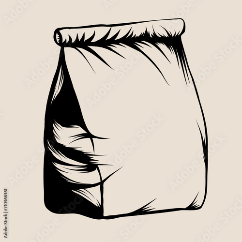 Burlap sack bag in an etched or engraved woodcut vintage retro style. Vector illustration of seasoning bag or paper bag isolated on background.