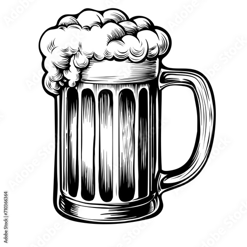 Beer glass with ale and lush foam. hand drawn mug ink sketch. Engraving vintage style vector illustration isolated on white background.