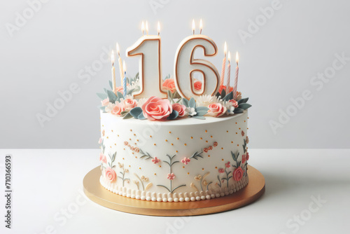 Birthday cake with number 16 on top isolated on solid white background. ai generative