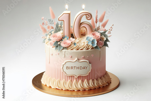 Birthday cake with number 16 on top isolated on solid white background. ai generative photo