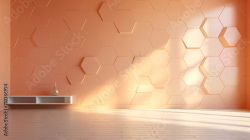 Warmly lit interior with abstract geometric wall of light-peach-color