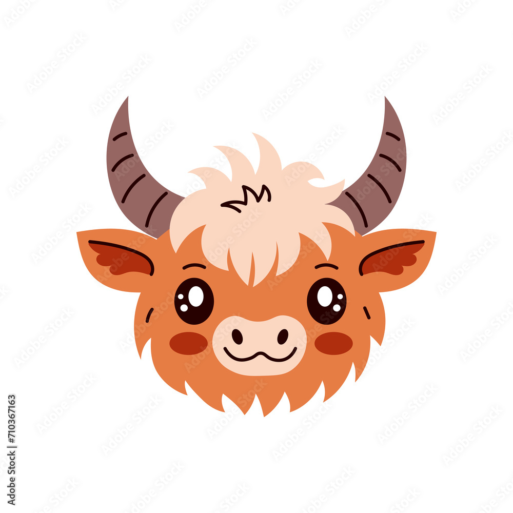 Highland cow head vector illustration. Cute cartoon Scottish cattle breed happy face with horns. Shaggy rustic animal portrait in flat style for print, farm, card, logo Highland cow head vector illustration. Cute cartoon Scottish cattle breed happy face with horns. Shaggy rustic animal portrait in flat style for print, farm, card, logo