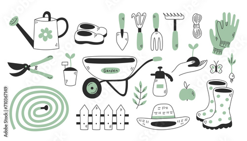 Gardening items doodle set. Hand drawn collection of tools and equipment for garden work. Modern springtime and summertime vector illustration with wheelbarrow, watering can, gumboots