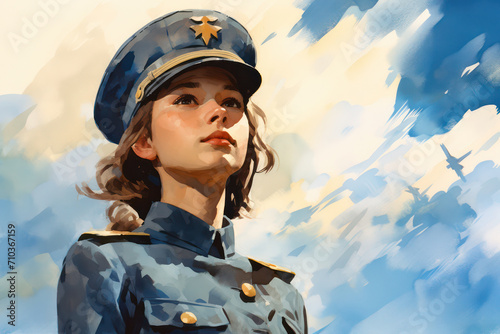 Military Army Officer: Vintage Soviet Red Army Portrait - Young Female Soldier, World War II Victory Day Illustration