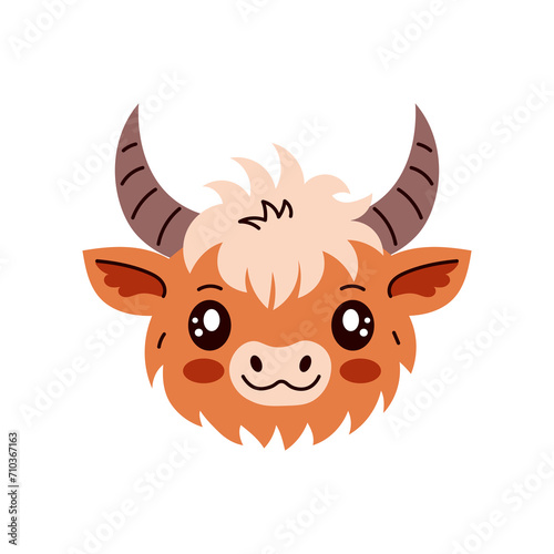 Highland cow head vector illustration. Cute cartoon Scottish cattle breed happy face with horns. Shaggy rustic animal portrait in flat style for print, farm, card, logo