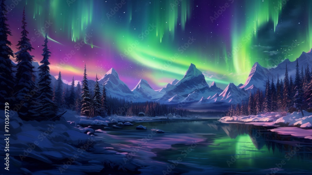 Majestic Aurora Borealis over Snowy Mountain Landscape