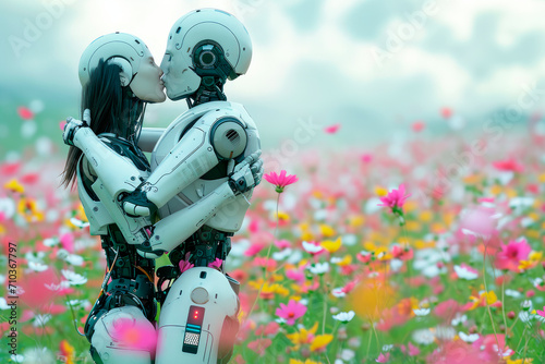 Male robot hugging and kissing a female robot, french kiss on a flower field.