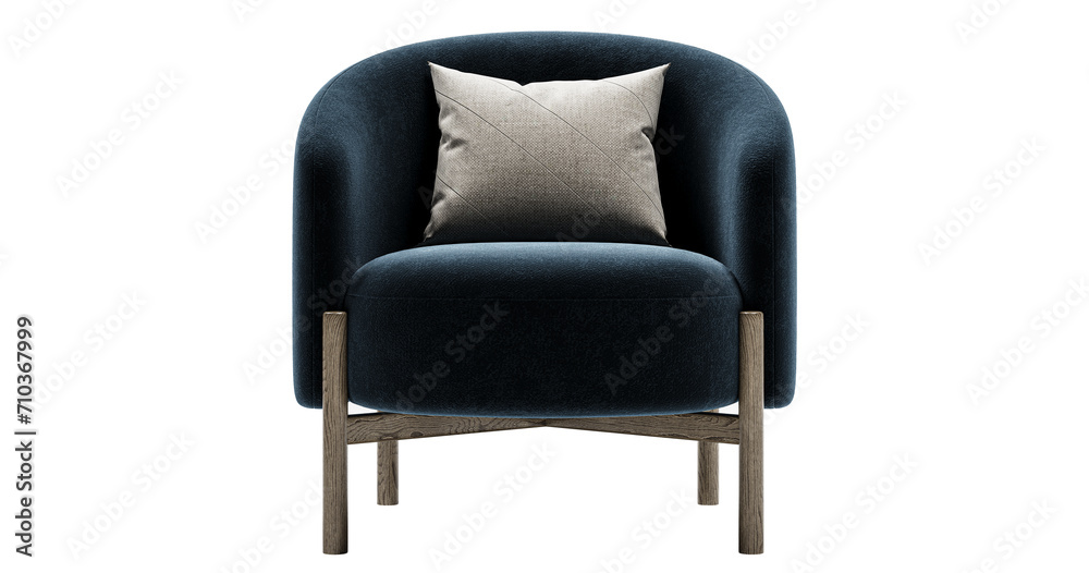 Fototapeta premium Modern and luxury blue velvet armchair isolated on white background. Furniture Store collection.Design element. 3D render
