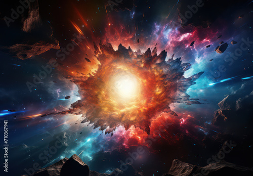 Starry Cosmos: A Celestial Explosion of Glowing Energy in the Mystical Depths of the Universe, an Abstract Illustration on a Black Sky Background