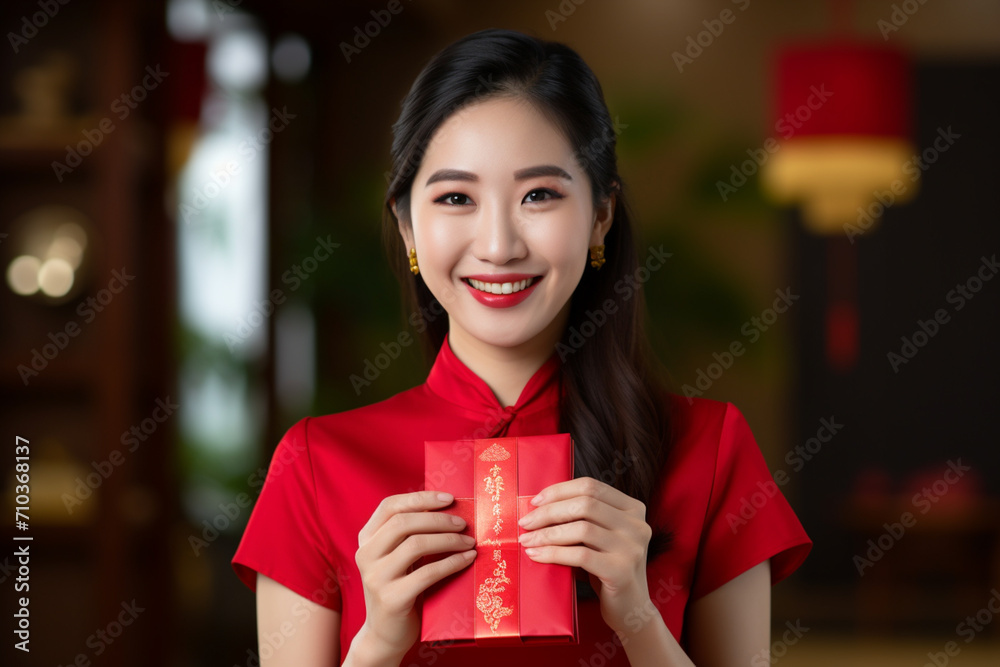 chinese woman wearing qipao dress and holding aungpao bokeh style background chinese woman wearing qipao dress and holding aungpao bokeh style background