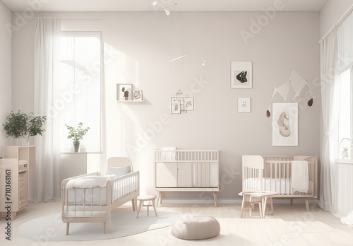 Modern nursery room interior  neutral unisex colors  Scandinavian Style  3D illustration. Generative AI 