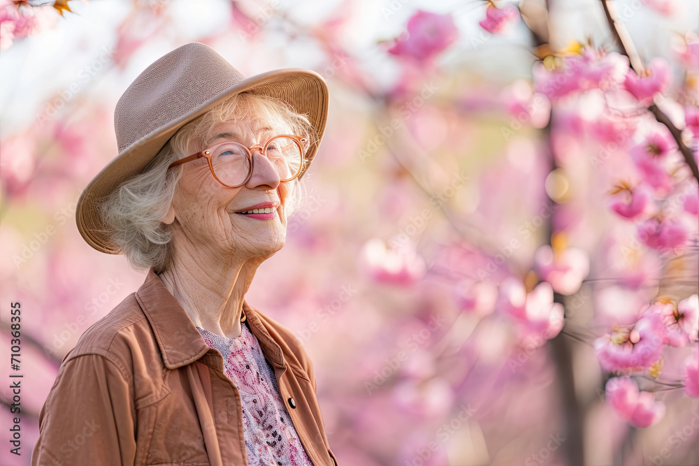 Smiling senior woman enjoying warm spring day on background of blooming cherry trees