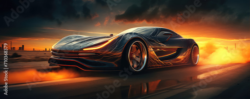 Fast beautiful car in movement with amazing  lights background photo