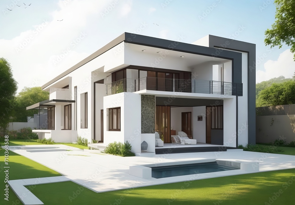 Modern villa with open plan living and private bedroom wing with small terrace for relaxation, real estate brochure advertisement, generative ai
Modern villa with open plan living and private bedroom wing with small terrace for relaxation, real estate brochure advertisement, generative ai