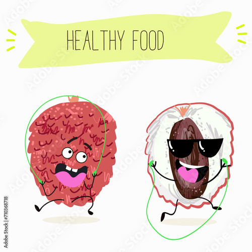 Cute  cartoon  characters lychee with different activities. Flat vector illustration, funny fruits. Organic food.