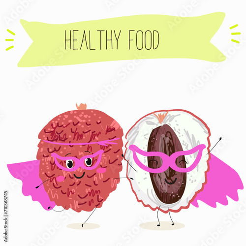 Cute  cartoon  characters lychee with different activities. Flat vector illustration, funny fruits. Organic food.