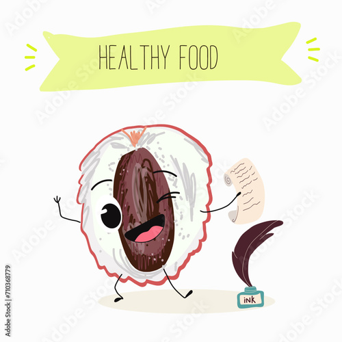 Cute  cartoon  characters lychee with different activities. Flat vector illustration, funny fruits. Organic food.