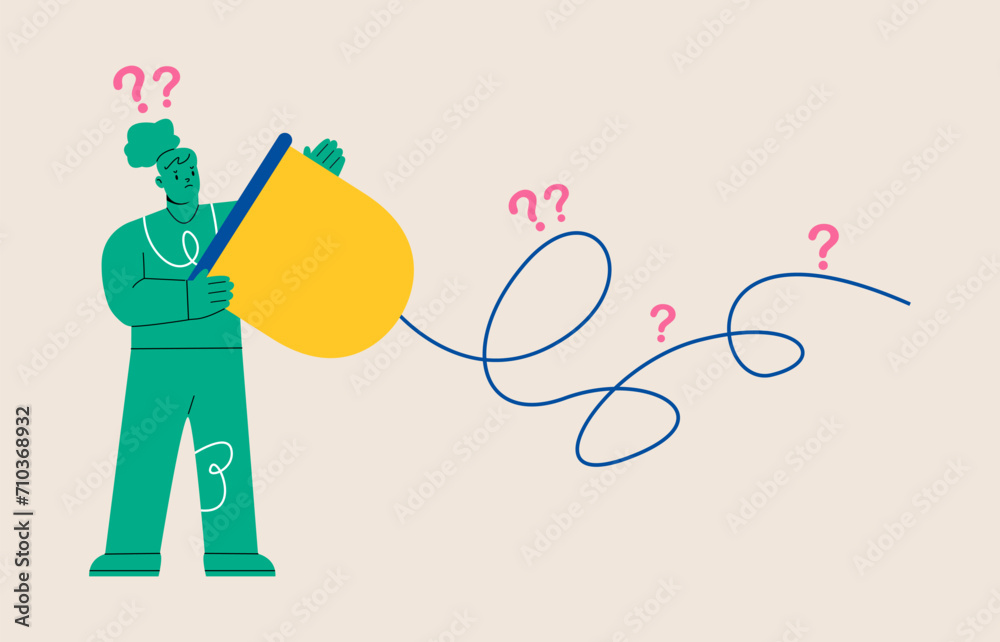 Obraz premium Woman trying to communicate with old technology. Miscommunication, tin can communication concept. Colorful vector illustration