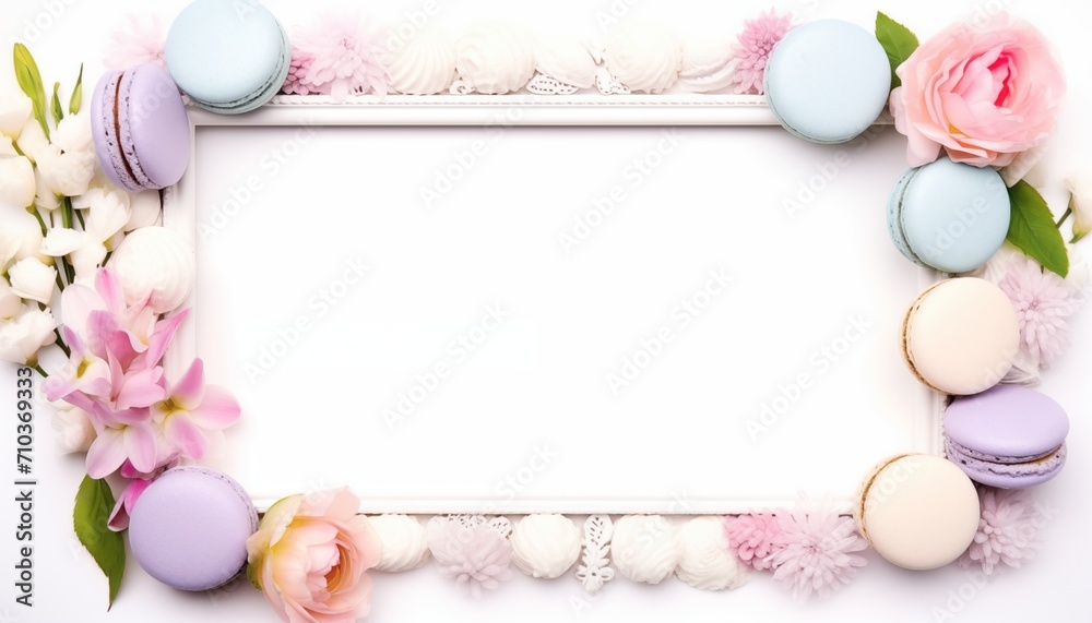 frame with pastel macarons and flowers in spring empty space for text frame with pastel macarons and flowers in spring empty space for text