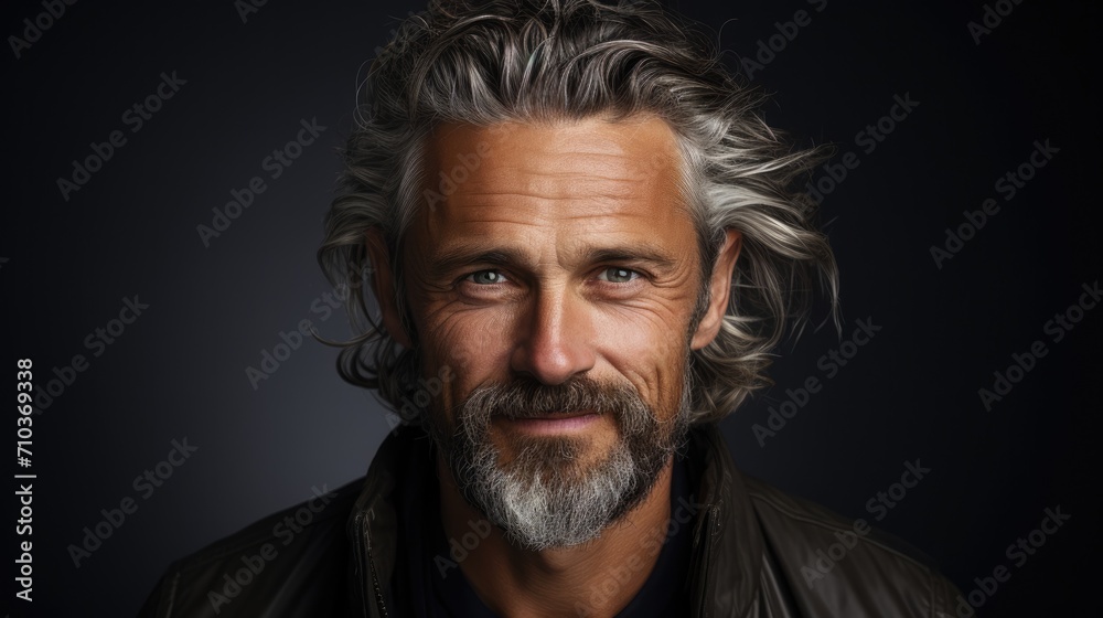 portrait of happy mature caucasian man on gray background.