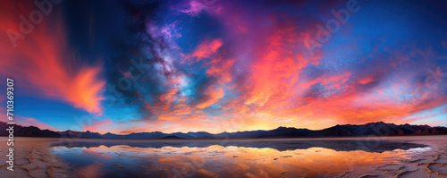 Beautiful colored clouds over the amazing mountain lake. Red and blue sky effect.  © Daniela