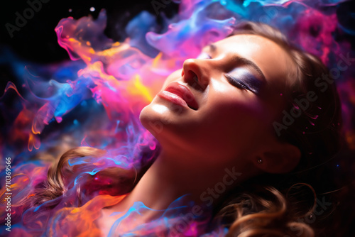 a beautiful woman, with hairstyle, and colorful holography lights particles or fog around her face, dark background