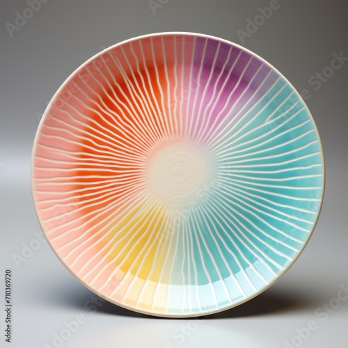 Decorative ceramic painted plate, handmade, isolated, closeup top view.