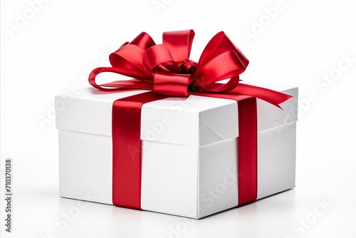 Red ribbon gift box on white background - perfect for holidays and special occasions © Ksenia Belyaeva